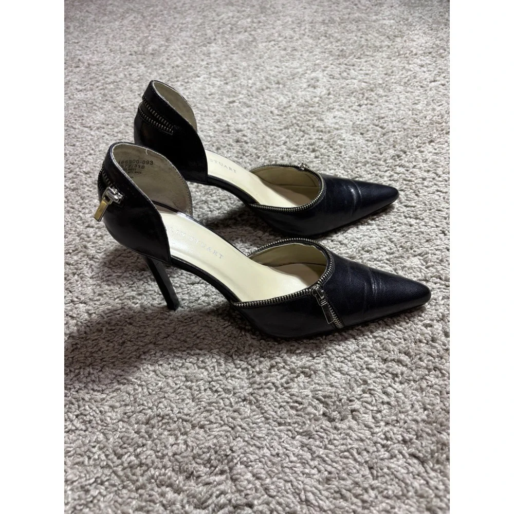 Colin Stuart Black Leather Zipper Trim D'Orsay Pointed Toe Stiletto Pumps 6